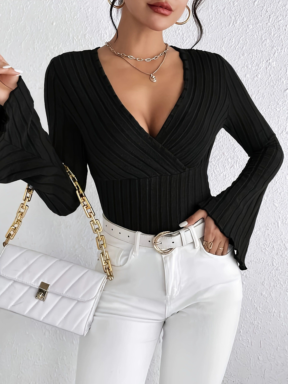 ZARA New Womens Elegant Ribbed Brushed Knit Bell Sleeve Blouse